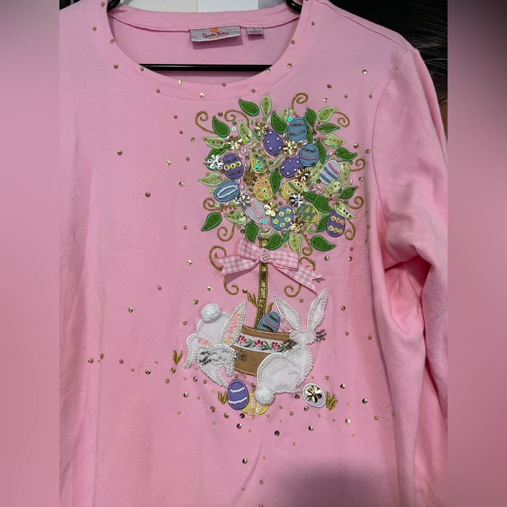 Quacker Factory Pink Long Sleeve Tee with Bunny and Egg Tree Design